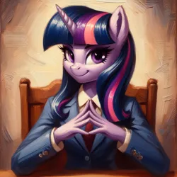 Size: 2048x2048 | Tagged: safe, ai content, derpibooru import, machine learning generated, prompter:krivovyaz, twilight sparkle, anthro, unicorn, business suit, chair, clothes, generator:bing image creator, hands together, image, looking at you, necktie, png, sitting, smiling, solo