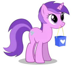 Size: 900x833 | Tagged: safe, artist:flutterbutter, derpibooru import, amethyst star, pony, unicorn, bag, eyes open, female, g4, image, mare, mouth hold, png, shopping bag, simple background, smiling, solo, standing, transparent background, vector