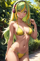 Size: 1024x1536 | Tagged: suggestive, ai content, derpibooru import, editor:sammykun, machine learning generated, lemon zest, human, equestria girls, belly, belly button, bikini, breasts, busty lemon zest, cleavage, clothes, curvy, female, g4, glasses, headphones, hourglass figure, humanized, image, long hair, looking at you, midriff, pigtails, plant, plants, png, prompter:sammykun, reasonably sized breasts, ribcage, sexy, slender, smiling, solo, stupid sexy lemon zest, swimsuit, tan skin, tanned, thin, twintails, wide hips