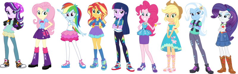 Size: 3954x1245 | Tagged: safe, artist:tylerajohnson352, derpibooru import, applejack, fluttershy, pinkie pie, rainbow dash, rarity, sci-twi, starlight glimmer, sunset shimmer, trixie, twilight sparkle, human, equestria girls, clothes, clothes swap, eqg promo pose set, g4, humane five, humane seven, humane six, image, png, simple background, transparent background