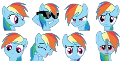 Size: 576x288 | Tagged: safe, artist:scootaloormayfly, derpibooru import, rainbow dash, pegasus, pony, angry, drugs, face, image, laughing, marijuana, pixel art, png, rpg maker, sad, simple background, smoke, smoking, sprite, sprite sheet, sunglasses, transparent background