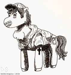 Size: 1770x1868 | Tagged: safe, artist:thehumanartist, derpibooru import, oc, oc:daso, unofficial characters only, earth pony, pony, black and white, braces, cap, christianity, clothes, cross, cutie mark, g4, grayscale, grin, hat, image, jpeg, looking at you, male, monochrome, notebook, one eye closed, pen, simple background, smiling, solo, tattoo, traditional art, vest, white background, wink