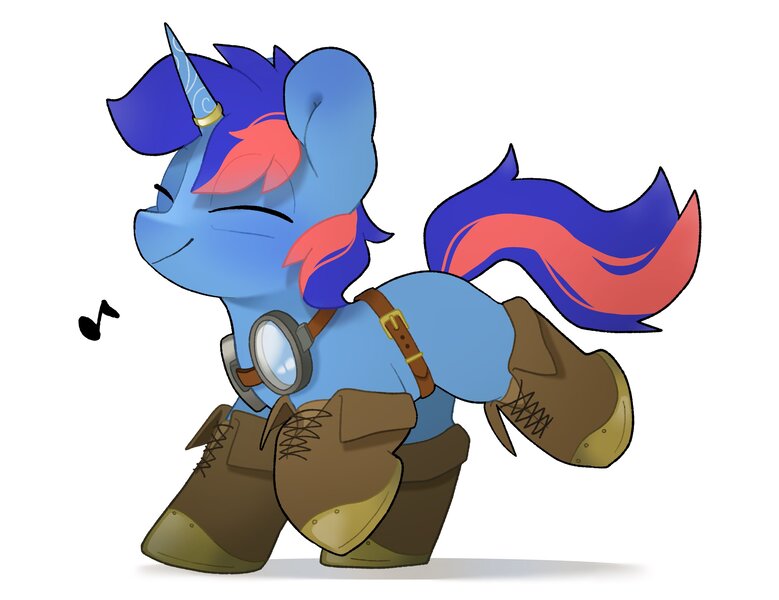 Size: 3218x2480 | Tagged: safe, artist:mochi_nation, derpibooru import, oc, oc:ryo, unofficial characters only, pony, unicorn, belt, boots, clothes, commission, eyes closed, goggles, goggles around neck, horn, horn ring, humming, image, jewelry, jpeg, music notes, ring, shoes, simple background, solo, white background