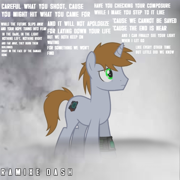 Size: 2560x2560 | Tagged: safe, artist:ramixe dash, derpibooru import, oc, unofficial characters only, pony, unicorn, fallout equestria, image, jpeg, lyrics, male, solo, stallion, text, the hunting party