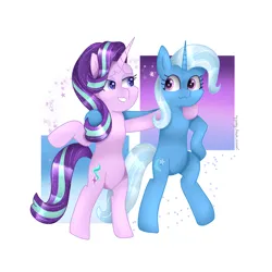 Size: 3000x3000 | Tagged: safe, derpibooru import, starlight glimmer, trixie, pony, unicorn, road to friendship, bipedal, duo, duo female, female, g4, glow, glowing eyes, glowing mane, high res, hug, image, png, simple background, standing, standing on two hooves, white background