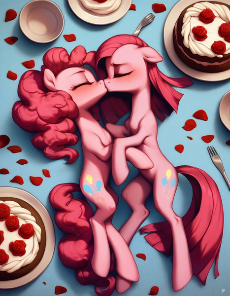 Size: 896x1152 | Tagged: safe, ai content, derpibooru import, machine learning generated, prompter:kopaleo, stable diffusion, pinkie pie, bed, blushing, cake, clothes, duality, female, flower, food, generator:pony diffusion v6 xl, image, lesbian, pinkamena diane pie, png, prompt in description, rose, rose petals, self paradox, self ponidox, selfcest, shipping