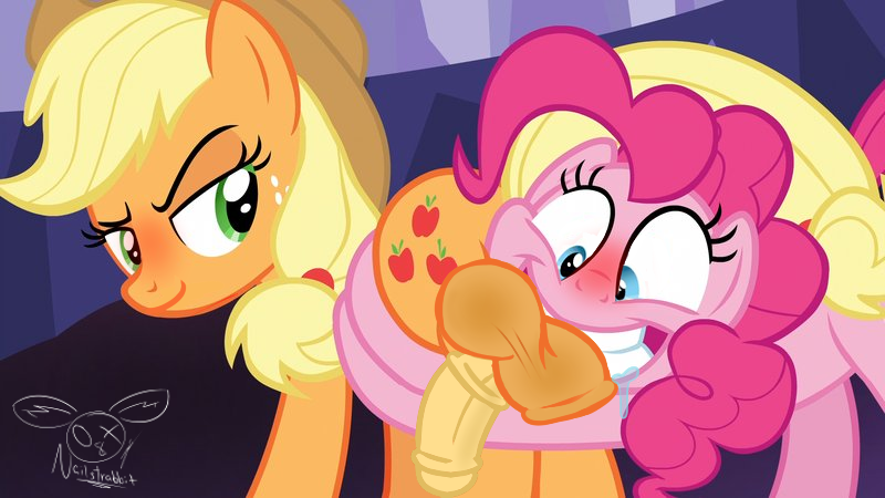 Size: 800x450 | Tagged: explicit, artist:nailstrabbit, derpibooru import, edit, edited screencap, screencap, applejack, pinkie pie, earth pony, pony, shadow play, ass, butt, butt touch, butthug, futa, horsecock, image, intersex, nudity, penis, pinkie hugging applejack's butt, png