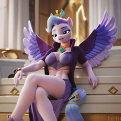Size: 1024x1024 | Tagged: safe, ai content, derpibooru import, machine learning generated, prompter:dreaming dusk, stable diffusion, queen haven, anthro, pegasus, unguligrade anthro, g5, my little pony: a new generation, 3d, adult, breasts, busty queen haven, cape, clothes, crossed legs, eyeshadow, female, generator:pony diffusion v6 xl, generator:purplesmart.ai, hooves, image, jewelry, makeup, necklace, png, purple eyeshadow, reasonably sized breasts, reclining, sitting, solo, solo female, spread wings, stupid sexy queen haven, teal eyes, wings, young, young adult