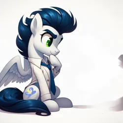 Size: 1024x1024 | Tagged: safe, ai content, derpibooru import, machine learning generated, prompter:*rainbow dash*, soarin', clothes, generator:bing image creator, image, necktie, png, pondering, shirt, simple background, sitting, white background