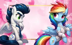 Size: 1056x660 | Tagged: safe, ai content, derpibooru import, machine learning generated, prompter:*rainbow dash*, rainbow dash, soarin', clothes, corset, dress, female, generator:bing image creator, gradient background, image, jpeg, looking back, male, necktie, pondering, rainbow dash always dresses in style, rearing, shipping, shirt, sitting, soarindash, spread wings, straight, wings