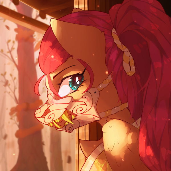 Size: 1350x1350 | Tagged: safe, artist:glazirka, derpibooru import, fluttershy, pegasus, pony, alternate hairstyle, bust, image, jpeg, looking back, mask, solo