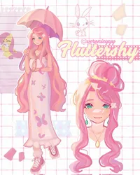 Size: 1642x2048 | Tagged: safe, artist:veronicyyy, derpibooru import, angel bunny, fluttershy, human, pegasus, pony, rabbit, alternate hairstyle, animal, bust, clothes, dress, ear piercing, earring, female, hair bun, humanized, image, jewelry, jpeg, long hair, looking at you, mare, necklace, parasol (umbrella), piercing, smiling, smiling at you, sundress