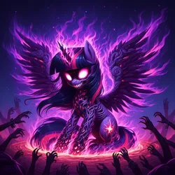 Size: 1024x1024 | Tagged: semi-grimdark, ai content, derpibooru import, machine learning generated, prompter:doomguy397, twilight sparkle, twilight sparkle (alicorn), alicorn, pony, g4, corrupted, corrupted twilight sparkle, female, full body, generator:dall-e 3, glow, glowing eyes, hand, image, jpeg, mare, night, night sky, sky, solo, spread wings, wings