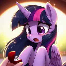 Size: 1024x1024 | Tagged: source needed, safe, ai content, derpibooru import, machine learning generated, twilight sparkle, twilight sparkle (alicorn), alicorn, pony, blushing, image, jewelry, jpeg, marriage proposal, offscreen character, offscreen human, open mouth, ring