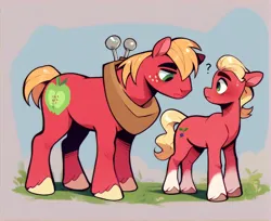 Size: 1096x896 | Tagged: safe, ai content, derpibooru import, machine learning generated, big macintosh, sprout cloverleaf, earth pony, pony, g5, confused, derpibooru exclusive, duo, duo male, freckles, g4, generator:pony diffusion v6 xl, gradient hooves, green eyes, image, looking at each other, looking at someone, male, nervous, png, question mark, simple background, size difference, stallion, sweat, sweatdrop, unshorn fetlocks