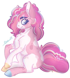 Size: 792x887 | Tagged: safe, artist:trashpanda czar, derpibooru import, oc, oc:cake batter, earth pony, pony, alternate design, body markings, cheek fluff, chest fluff, ear fluff, female, hooves, image, mare, multicolored hooves, png, poofy mane, simple background, sitting, transparent background, twitterina design