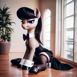 Size: 2048x2048 | Tagged: safe, ai content, derpibooru import, machine learning generated, octavia melody, earth pony, pony, bedroom eyes, bowtie, clothes, cuffs (clothes), derpibooru exclusive, dress, female, g4, generator:pony diffusion v6 xl, hoof shoes, image, indoors, jpeg, looking at you, mare, prompter:siber, realistic, sitting, smiling, smiling at you, socks, solo, stockings, thigh highs