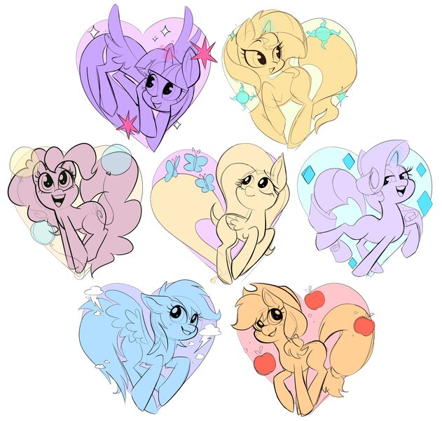 Size: 2824x2685 | Tagged: safe, artist:artomicmuffin, derpibooru import, applejack, fluttershy, pinkie pie, rainbow dash, rarity, sunset shimmer, twilight sparkle, twilight sparkle (alicorn), alicorn, earth pony, pegasus, pony, unicorn, alternate mane seven, female, grin, heart, image, jpeg, mane six, mare, open mouth, open smile, partial color, simple background, smiling, white background