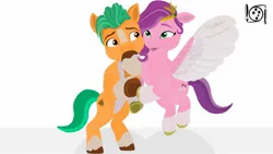 Size: 1920x1080 | Tagged: safe, artist:sdfabian, hitch trailblazer, pipp petals, earth pony, pegasus, pony, g5, female, floppy ears, heart, heart hoof, image, jpeg, looking at each other, mare, photo, stalion, wings