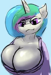 Size: 542x798 | Tagged: suggestive, artist:ismyaltaccount, derpibooru import, princess celestia, alicorn, anthro, bathrobe, big breasts, breasts, bust, busty princess celestia, cleavage, clothes, colored sketch, female, horn, huge breasts, image, looking at you, png, portrait, robe, seductive, simple background, sketch, smiling, smiling at you, solo, solo female, unfinished art, wip