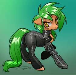 Size: 3076x3048 | Tagged: safe, artist:opalacorn, derpibooru import, oc, oc:fokienia, unofficial characters only, earth pony, pony, fanfic:cypress zero, amputee, butt, chest fluff, clothes, commission, female, gradient background, green background, image, jpeg, jumpsuit, looking back, mare, plot, prosthetic leg, prosthetic limb, prosthetics, signature, simple background, solo