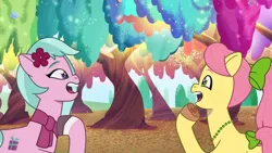 Size: 3072x1727 | Tagged: safe, derpibooru import, screencap, posey (g5), earth pony, pony, g5, my little pony: tell your tale, spoiler:g5, spoiler:my little pony: tell your tale, spoiler:tyts02e01, dahlia, duo, duo female, female, icy prints, image, jpeg, mare, open mouth, open smile, smiling, starry eyes, wingding eyes