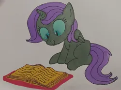 Size: 2568x1906 | Tagged: safe, artist:dhm, derpibooru import, oc, oc:nyx, alicorn, pony, book, cute, drawthread, female, filly, foal, image, jpeg, looking down, marker drawing, pen drawing, reading, solo, traditional art
