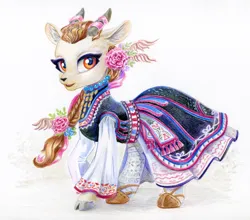 Size: 1378x1213 | Tagged: safe, artist:maytee, derpibooru import, oc, unofficial characters only, goat, braid, bulgaria, clothes, colored pencil drawing, commission, dress, flower, flower in hair, goat oc, image, png, solo, traditional art, traditional dress