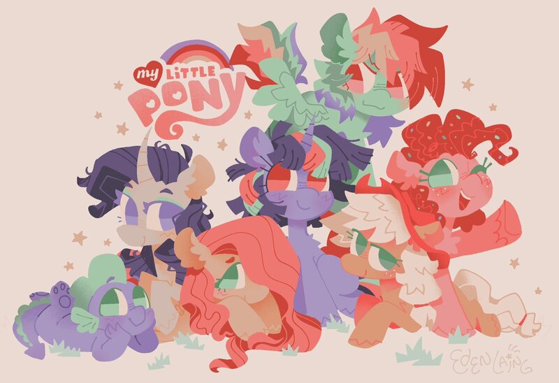 Size: 2048x1404 | Tagged: safe, artist:astroeden, derpibooru import, applejack, fluttershy, pinkie pie, rainbow dash, rarity, spike, twilight sparkle, image, jpeg, mane six, smiling