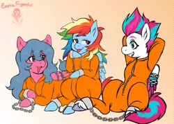 Size: 3500x2500 | Tagged: safe, artist:eerie.frightful, derpibooru import, firefly, rainbow dash, zipp storm, g1, g5, chained, chains, clothes, commissioner:rainbowdash69, cuffs, g4, image, never doubt rainbowdash69's involvement, png, prison outfit, prisoner rd, prisoner zipp, shackles