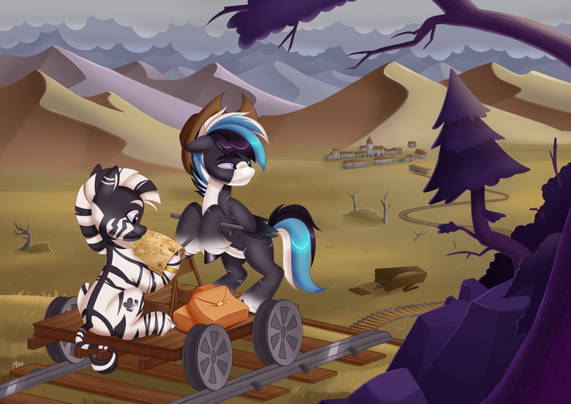 Size: 4961x3508 | Tagged: safe, artist:haruh_ink, derpibooru import, oc, oc:squall windfeather, oc:zahara, unofficial characters only, pegasus, zebra, fallout equestria, bag, cloud, cloudy, cowboy hat, dead tree, desert, hat, high res, image, looking back, map, melancholy, mountain, overcast, pegasus oc, png, post-apocalyptic, railroad, rock, saddle bag, scenery, story included, tree, wings, zebra oc
