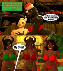 Size: 5120x5761 | Tagged: suggestive, artist:mr-wolfapex, derpibooru import, oc, oc:kurt marek (electro-crit), anthro, demon, elf, goat, comic:kurts christmas night with lady krampus, big breasts, breasts, christmas, demon horns, dialogue, elf ears, furry, holiday, horns, image, implied nudity, png, sexy, shortstack