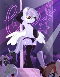 Size: 3000x3854 | Tagged: suggestive, artist:ghostpikachu, derpibooru import, oc, oc:leila, unofficial characters only, pegasus, pony, base used, bipedal, clothes, club, collar, dancing, evening gloves, female, gloves, high res, image, latex, latex gloves, latex stockings, long gloves, mare, panties, party, pegasus oc, png, pole, pole dancing, red eyes, sexy, socks, solo focus, spotlight, spread wings, stockings, stripper pole, thigh highs, underwear, vitiligo, wings