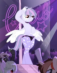 Size: 3000x3854 | Tagged: suggestive, alternate version, artist:ghostpikachu, derpibooru import, oc, oc:leila, unofficial characters only, pegasus, pony, base used, bipedal, clothes, club, collar, dancing, female, high res, image, mare, panties, party, pegasus oc, png, pole, pole dancing, red eyes, sexy, solo focus, spotlight, spread wings, stripper pole, underwear, vitiligo, wings