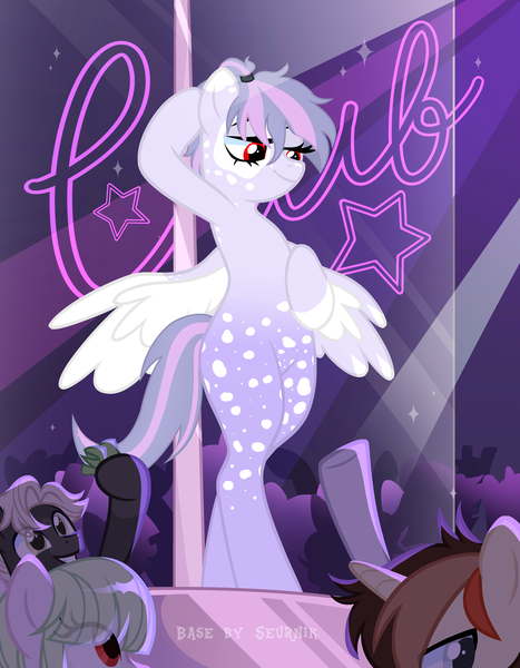 Size: 3000x3854 | Tagged: safe, alternate version, artist:ghostpikachu, derpibooru import, oc, oc:leila, unofficial characters only, pegasus, pony, base used, bipedal, club, dancing, female, high res, image, mare, party, pegasus oc, png, pole, pole dancing, red eyes, sexy, solo focus, spotlight, spread wings, stripper pole, vitiligo, wings