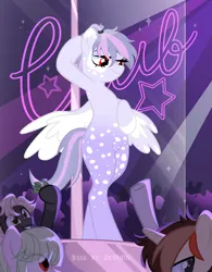 Size: 3000x3854 | Tagged: safe, alternate version, artist:ghostpikachu, derpibooru import, oc, oc:leila, unofficial characters only, pegasus, pony, base used, bipedal, club, dancing, female, high res, image, mare, party, pegasus oc, png, pole, pole dancing, red eyes, sexy, solo focus, spotlight, spread wings, stripper pole, vitiligo, wings