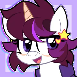 Size: 2000x2000 | Tagged: safe, artist:saveraedae, derpibooru import, oc, oc:savvy star, unofficial characters only, unicorn, bust, hairclip, image, looking at you, open mouth, orange fur, png, portrait, purple background, purple eyes, simple background, smiling, solo, white fur