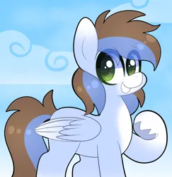 Size: 1792x1843 | Tagged: safe, artist:saveraedae, derpibooru import, oc, oc:djthed, unofficial characters only, pegasus, pony, blue fur, blue mane, brown mane, coat markings, colored wings, ear markings, gradient hooves, gradient wings, green eyes, image, looking at you, male, png, raised hoof, sky, socks (coat marking), solo, stallion, unshorn fetlocks, white fur, wings