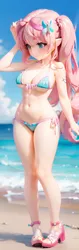 Size: 288x912 | Tagged: suggestive, ai content, derpibooru import, machine learning generated, stable diffusion, fluttershy, human, beach, belly button, big breasts, bikini, breasts, busty fluttershy, cleavage, clothes, elf ears, female, high heels, humanized, image, ocean, png, prompter:cloudmaster316, shoes, side-tie bikini, solo, solo female, string bikini, swimsuit, underboob, water