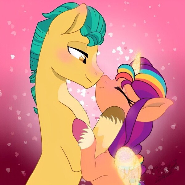 Size: 1152x1152 | Tagged: safe, artist:sunny_bun, derpibooru import, hitch trailblazer, sunny starscout, earth pony, pony, g5, boop, duo, duo male and female, eyes closed, female, image, jpeg, male, mane stripe sunny, mare, noseboop, shipping, stallion, straight, sunnyhitch, unshorn fetlocks