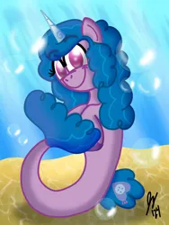 Size: 1620x2160 | Tagged: safe, artist:jesslmc16, derpibooru import, izzy moonbow, pony, seapony (g4), unicorn, g5, art, bubble, comic, cutie mark, digital art, female, floating, hooves, image, looking at you, mare, ocean, png, procreate app, sand, seaponified, seapony izzy moonbow, shading, signature, smiling, smiling at you, solo, solo female, species swap, tail, water