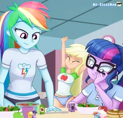 Size: 1042x1000 | Tagged: suggestive, artist:mr-breadman, derpibooru import, applejack, rainbow dash, sci-twi, twilight sparkle, human, equestria girls, 2d, apple, bangs, belly button, button-up shirt, clock, clothes, female, food, fork, freckles, glasses, grape juice, image, indoors, jpeg, juice, juice box, looking down, midriff, pajamas, panties, ponytail, salad, shirt, smiling, stretching, t-shirt, table, thunderbolt, underwear