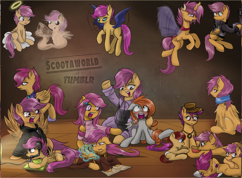Size: 1280x940 | Tagged: safe, artist:redheadfly, derpibooru import, scootaloo, oc, oc:lightning blitz, bat pony, changeling, ghost, pony, undead, bat ponified, clothes, colt, female, filly, foal, hoodie, image, male, mare, mother and child, mother and son, multeity, older, png, race swap, scootabat, self paradox, self ponidox, tumblr