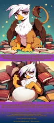 Size: 2000x4532 | Tagged: safe, ai content, artist:rupert, derpibooru import, machine learning assisted, machine learning generated, stable diffusion, gilda, gryphon, series:ask white belly gilda, ask, belly, book, chubby, dialogue, fat, female, former bully, g4, generator:pony diffusion v6 xl, gildough, high res, image, implied bullying, implied fluttershy, implied pinkie pie, implied rainbow dash, jpeg, pale belly, plump, prompter:rupert, sad, solo, tumblr, white belly