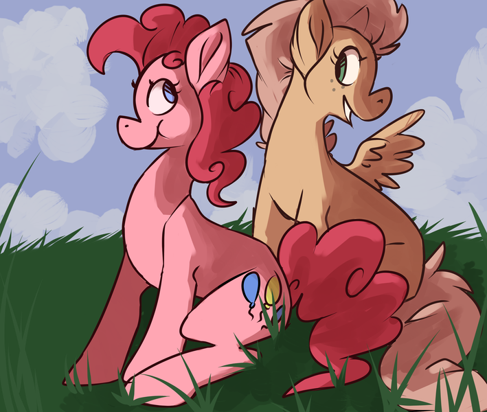 Size: 2600x2200 | Tagged: safe, artist:piyto, derpibooru import, pinkie pie, oc, earth pony, pegasus, pony, duo, female, grass, grin, high res, image, mare, png, puffy cheeks, sitting, smiling