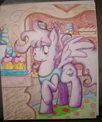 Size: 2442x2928 | Tagged: safe, artist:foxbeast, derpibooru import, oc, unofficial characters only, pegasus, clothes, cupcake, food, grin, high res, image, jpeg, pegasus oc, raised hoof, smiling, solo, spread wings, traditional art, wings