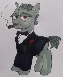Size: 724x889 | Tagged: safe, artist:dhm, derpibooru import, ponified, pony, unicorn, bowtie, cigar, clothes, facial hair, flower, image, jpeg, looking at you, mafia, male, marker drawing, marlon brando, moustache, movie reference, older, pen drawing, rose, smoke, smoking, solo, stallion, suit, the godfather, traditional art, tuxedo, wrinkles