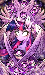 Size: 3000x5000 | Tagged: safe, artist:rico_chan, derpibooru import, twilight sparkle, twilight sparkle (alicorn), alicorn, pony, seraph, seraphicorn, angel, biblically accurate angels, eye, eyes, eyes do not belong there, goddess, image, multiple wings, nimbus, phone wallpaper, png, solo, wallpaper, white eyes, wings