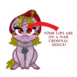 Size: 1000x1000 | Tagged: safe, artist:devorierdeos, derpibooru import, oc, oc:galla steel, unicorn, fallout equestria, beret, chibi, dog tags, hat, image, meme, military, place lips here meme, png, red eye army, war criminal