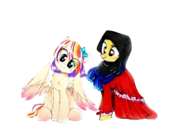 Size: 3205x2404 | Tagged: safe, artist:liaaqila, derpibooru import, oc, oc:jiwa baik, oc:qilala, unofficial characters only, earth pony, pegasus, pony, derpibooru community collaboration, 2024 community collab, bow, clothes, dress, duo, duo female, female, hair bow, headscarf, hijab, image, islam, mare, multicolored hair, png, rainbow hair, scarf, simple background, sitting, transparent background